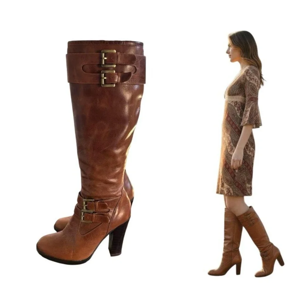Y2K 2000'S vtg. Brown Leather‎ Buckle Knee High Ann Taylor Loft Boots size 5 1/2